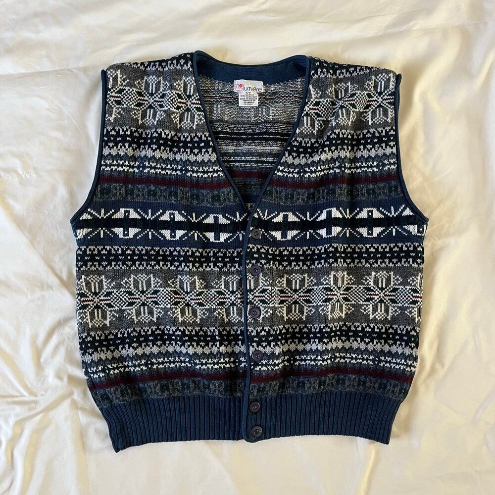 Vtg Y2K 2000s Blue Nordic Print  Sweater Vest Men's S Holiday Winter Eclectic